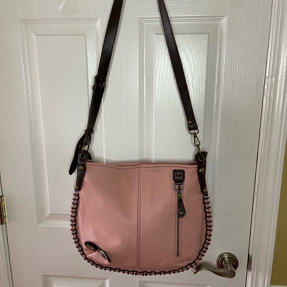 CHALA Charming Hobo convertible crossbody bag faux leather pink brown stitch